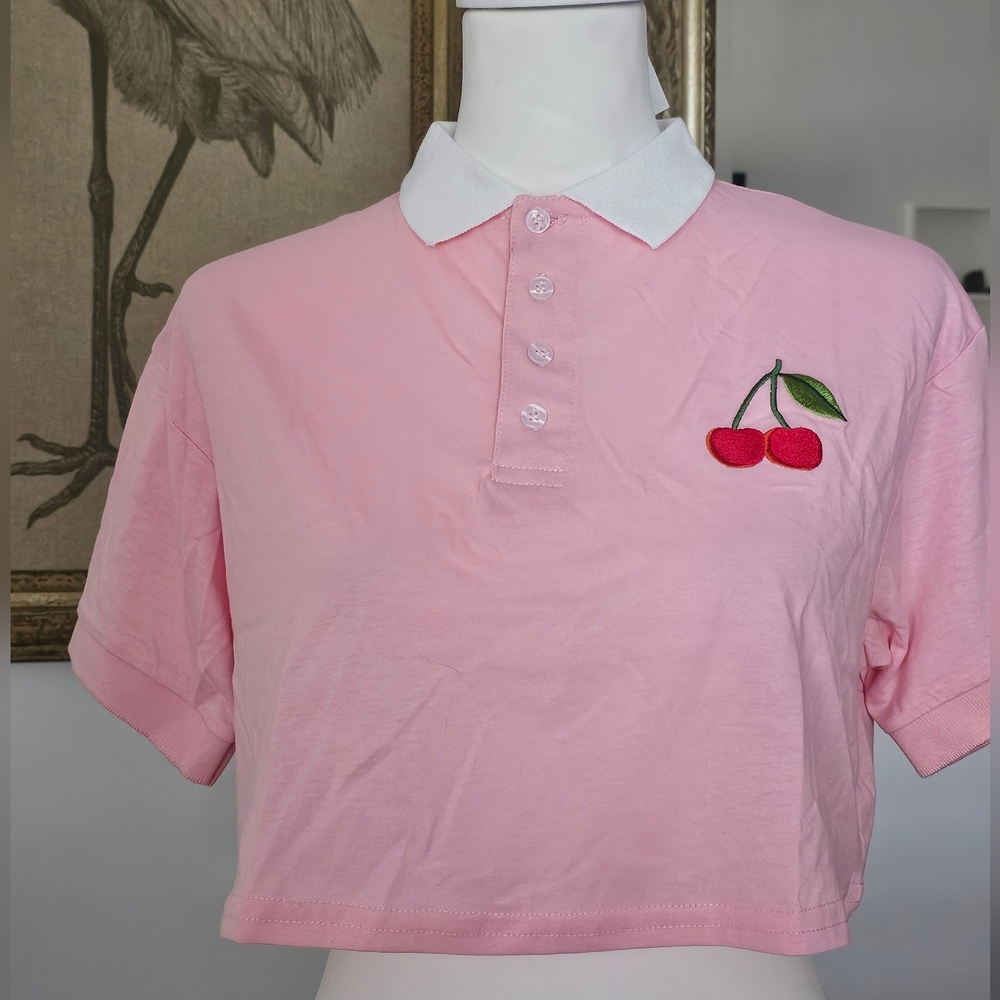 Pink Cherry Embroidered Crop top Polo Size Med
